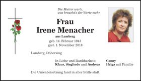 Traueranzeige Irene Menacher