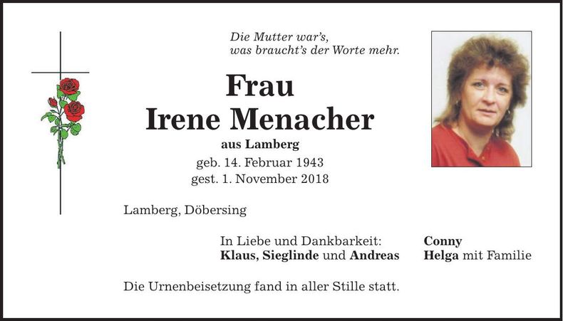 Traueranzeige Irene Menacher
