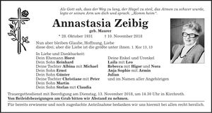 Traueranzeige Annastasia Zeibig