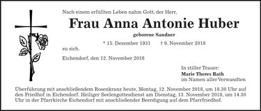 Traueranzeige Anna Antonie Huber