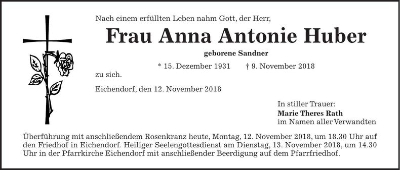 Traueranzeige Anna Antonie Huber