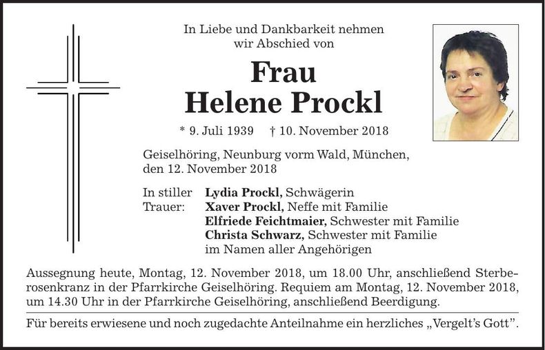 Traueranzeige Helene Prockl