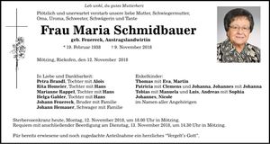 Traueranzeige Maria Schmidbauer