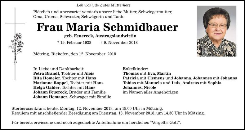 Traueranzeige Maria Schmidbauer
