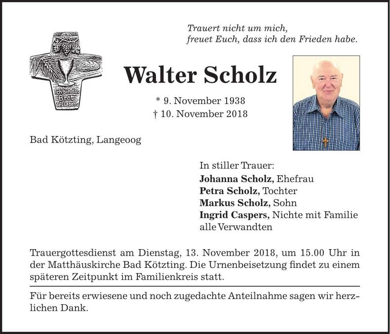 Traueranzeige Walter Scholz