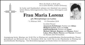 Traueranzeige Maria Lorenz