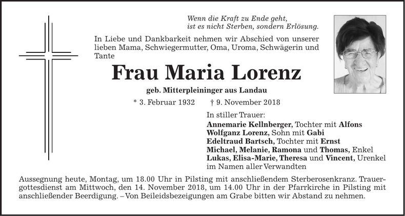 Traueranzeige Maria Lorenz