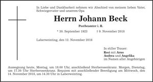 Traueranzeige Johann Beck