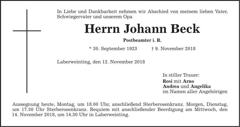 Traueranzeige Johann Beck