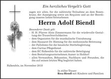 Traueranzeige Adolf Biendl