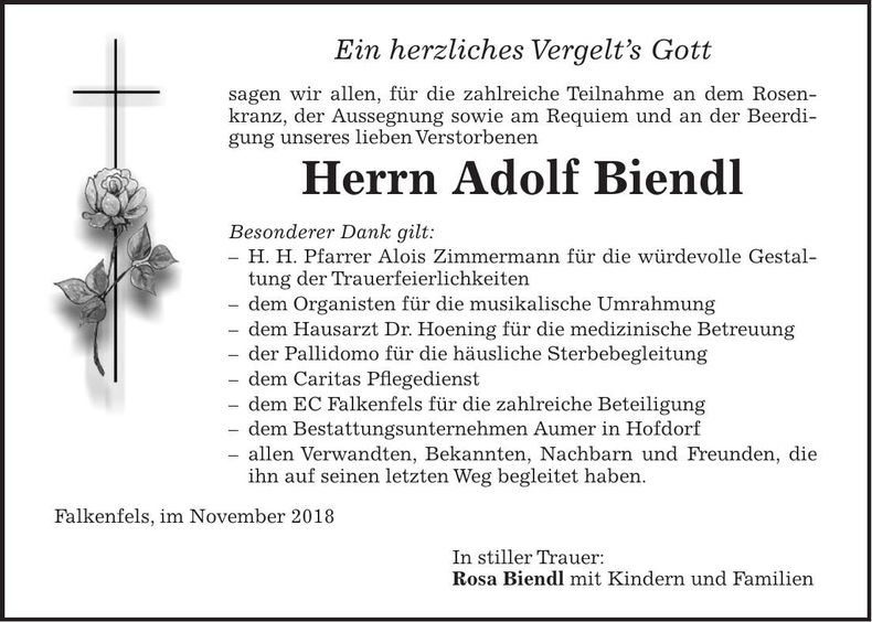 Traueranzeige Adolf Biendl