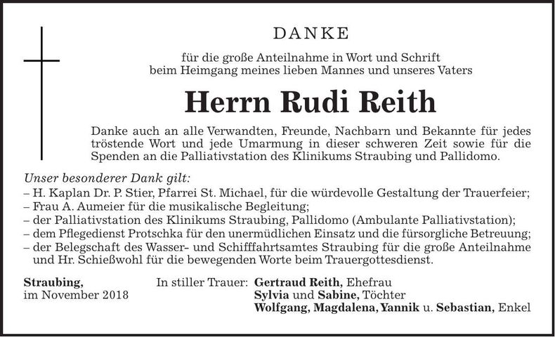 Traueranzeige Rudi Reith