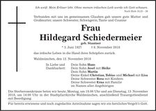 Traueranzeige Hildegard Schiedermeier
