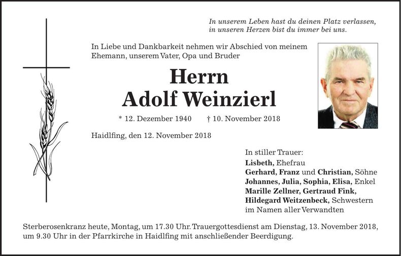 Traueranzeige Adolf Weinzierl