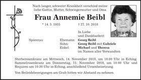 Traueranzeige Annemie Beibl