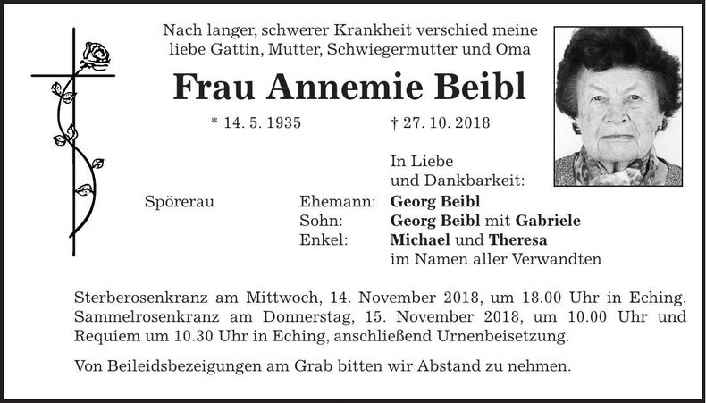 Traueranzeige Annemie Beibl