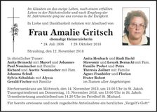 Traueranzeige Amalie Gritsch