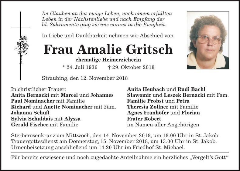 Traueranzeige Amalie Gritsch