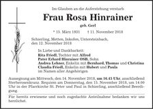 Traueranzeige Rosa Hinrainer