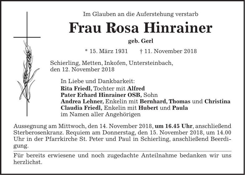 Traueranzeige Rosa Hinrainer