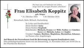 Traueranzeige Elisabeth Koppitz