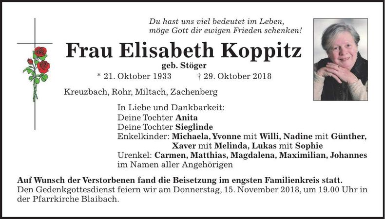 Traueranzeige Elisabeth Koppitz