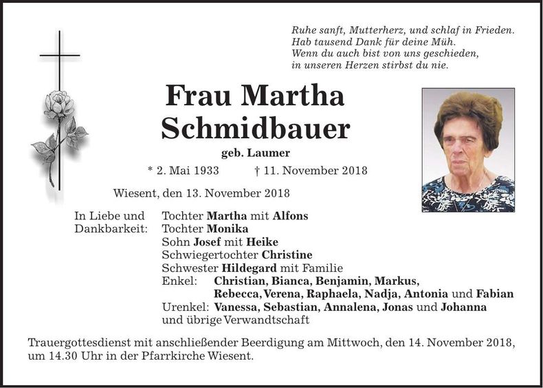 Traueranzeige Martha Schmidbauer
