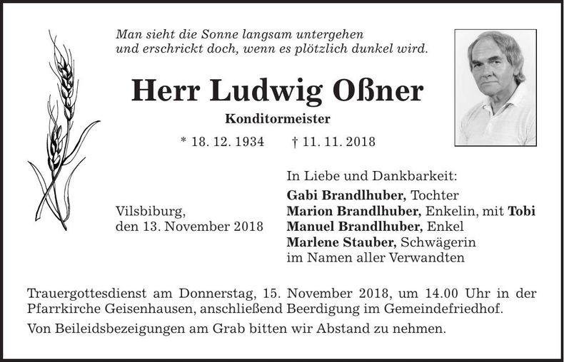 Traueranzeige Ludwig Oßner