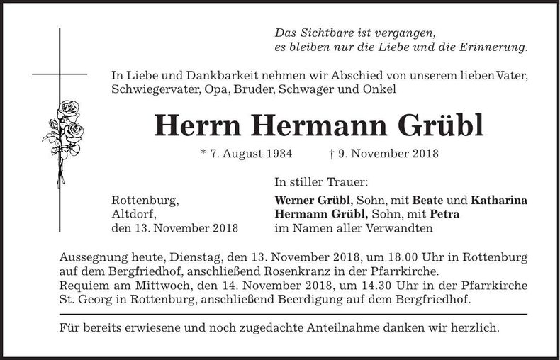 Traueranzeige Hermann Grübl