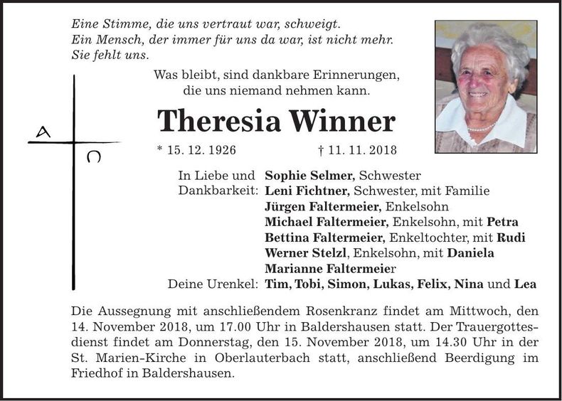 Traueranzeige Theresia Winner
