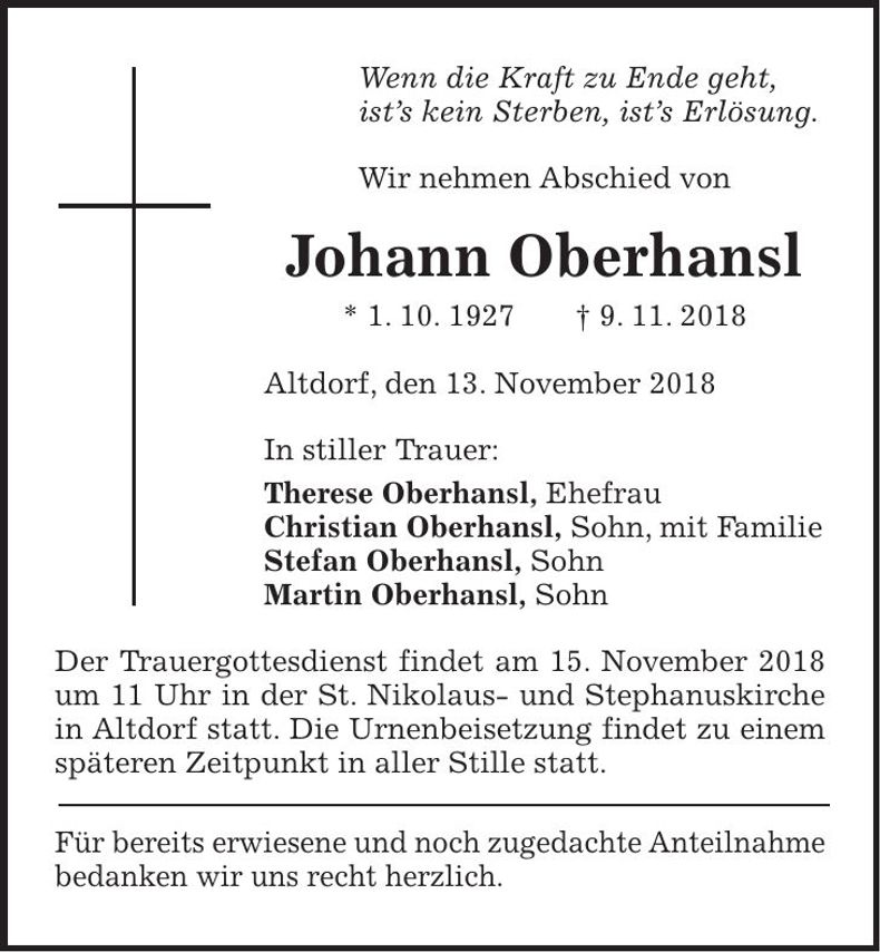 Traueranzeige Johann Oberhansl
