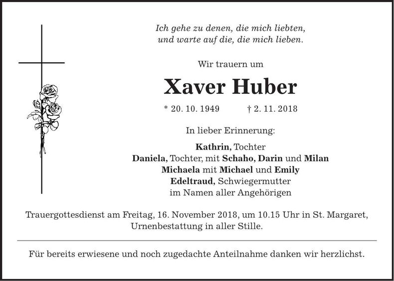 Traueranzeige Xaver Huber