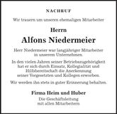 Traueranzeige Alfons Niedermeier