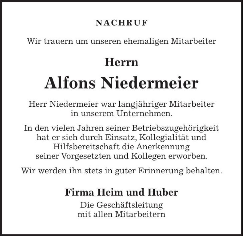 Traueranzeige Alfons Niedermeier