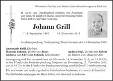 Traueranzeige Johann Grill