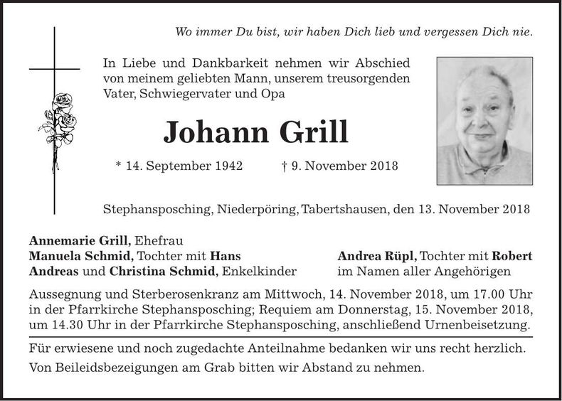Traueranzeige Johann Grill
