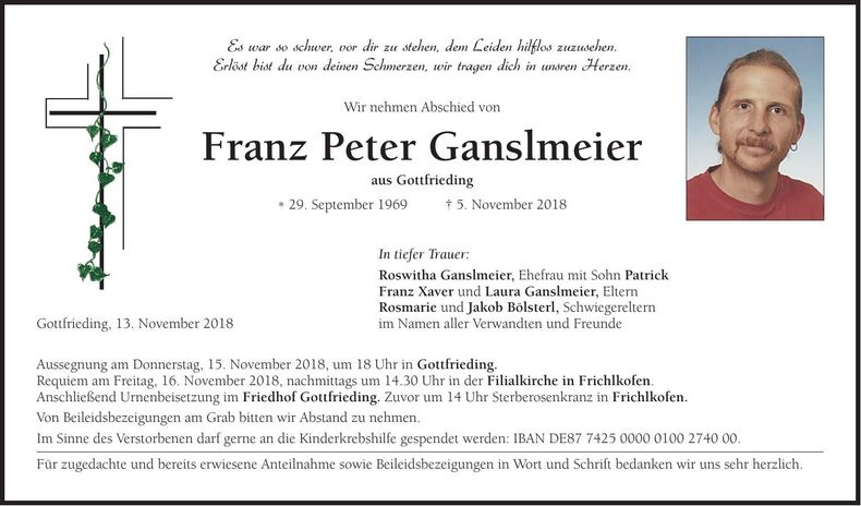 Traueranzeige Peter Ganslmeier