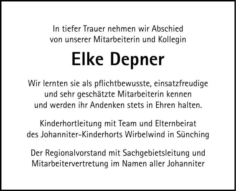 Traueranzeige Elke Depner