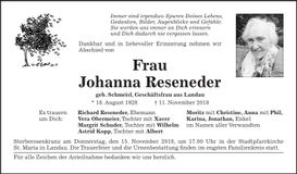 Traueranzeige Johanna Reseneder