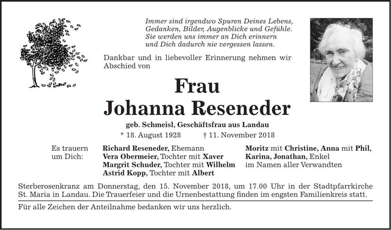 Traueranzeige Johanna Reseneder