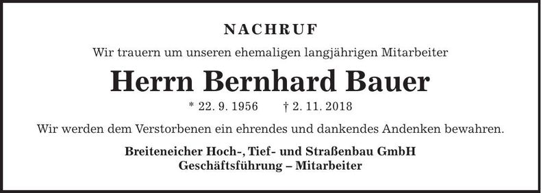 Traueranzeige Bernhard Bauer