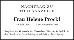 Traueranzeige Helene Prockl