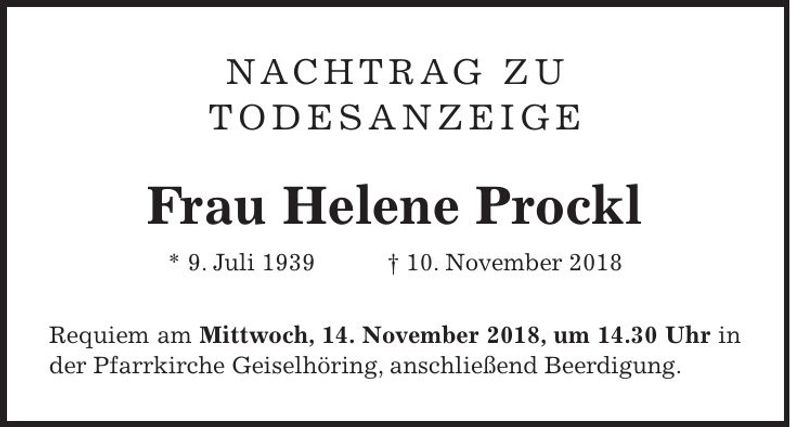 Traueranzeige Helene Prockl