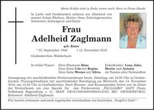Traueranzeige Adelheid Zaglmann