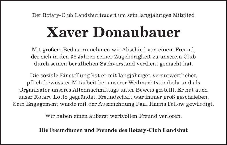 Traueranzeige Xaver Donaubauer