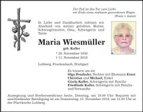Traueranzeige Maria Wiesmüller