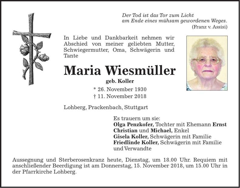 Traueranzeige Maria Wiesmüller