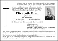 Traueranzeige Elisabeth Bräu