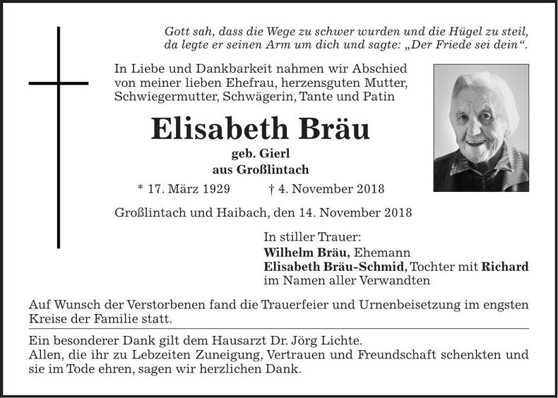 Traueranzeige Elisabeth Bräu