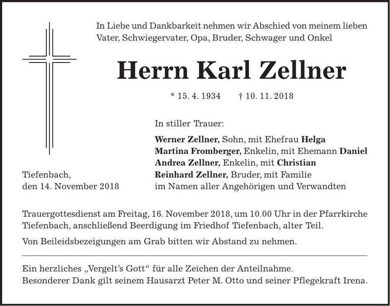 Traueranzeige Karl Zellner